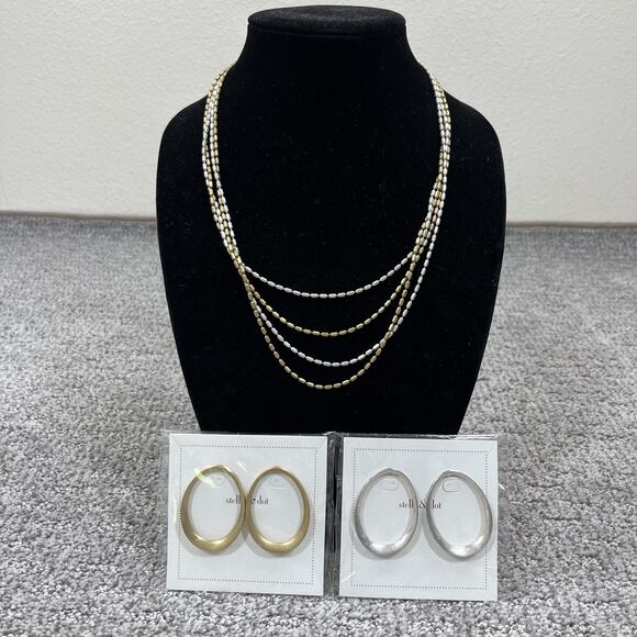 Stella & Dot Jewelry - Stella Dot Necklace Earrings Set Beaded Gold Silver Tone Women Jewelry Signed